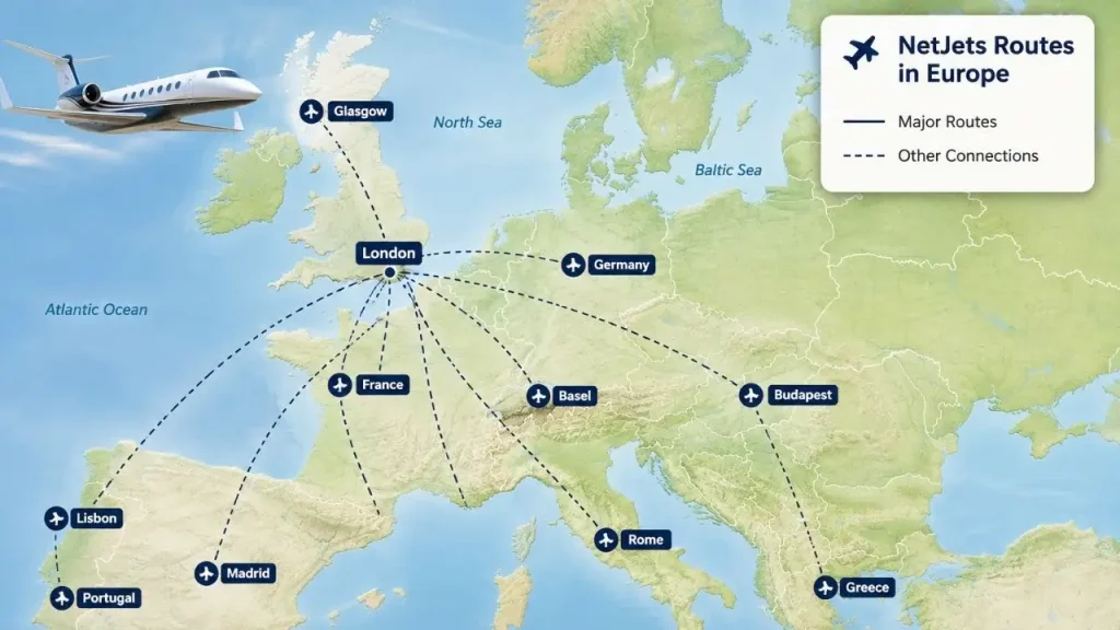 NetJets Airline Routes in Europe – Map of private jet connections across major European cities