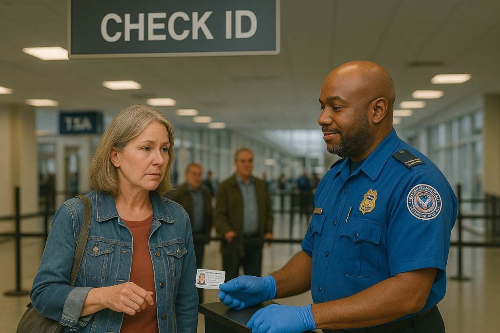 TSA officer checking passenger’s expired ID card at airport checkpoint