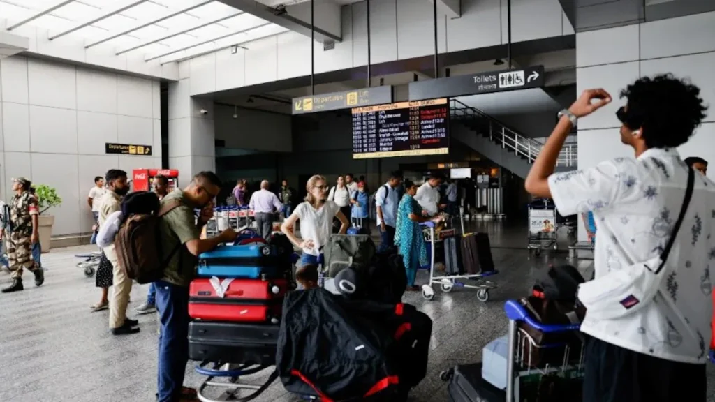 Early airport arrival with passengers lined up near departure gate.