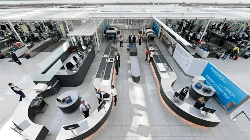 Airport staff enforcing safety and security measures at a security checkpoint