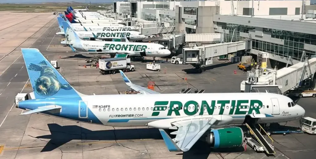 Frontier aircraft parked at JFK Terminal gates with ground transportation and jet bridges in view.